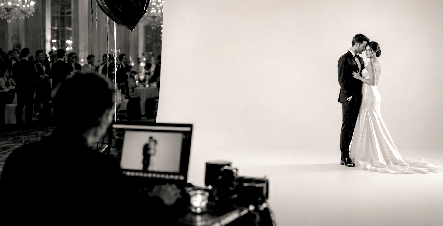 Behind-the-scenes portrait studio operating inside an upscale event while a couple is photographed