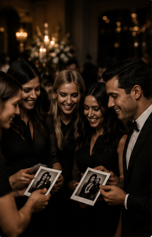 Friends gathering around finished portraits